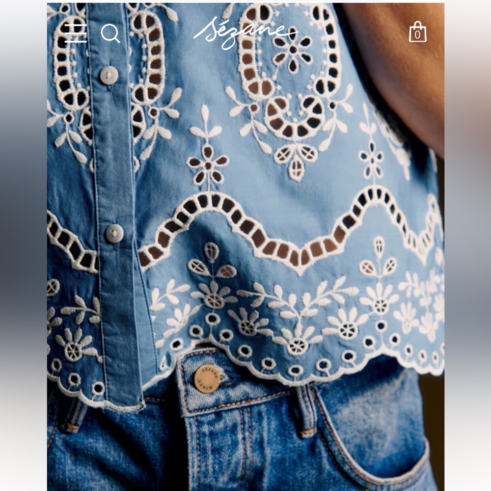 🌼Sezane ELVIRA BLOUSE in CREAM Blue CHAMBRAY Embroidered Button-Up Blouse - Picture 9 of 11